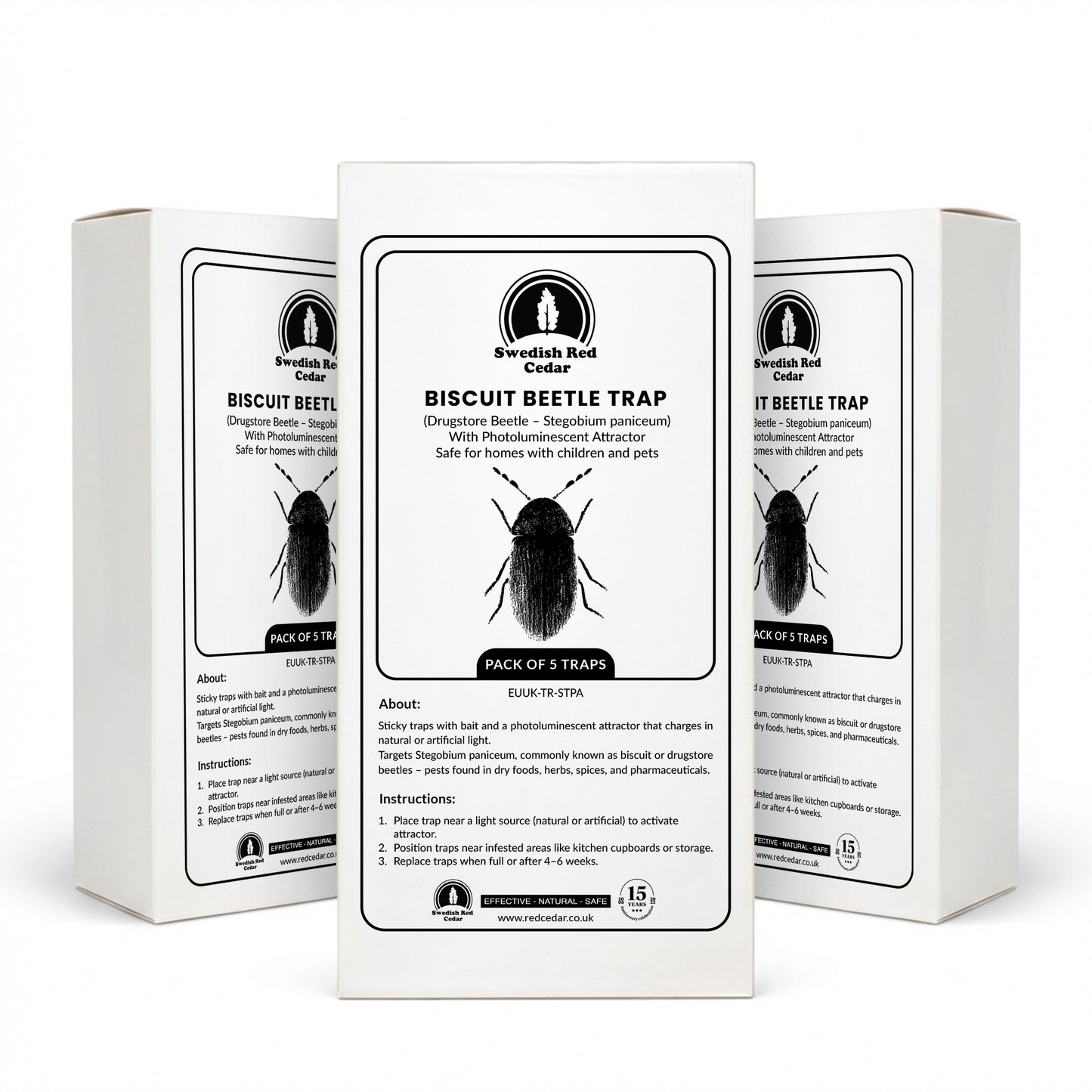Three boxes of Swedish Red Cedar Biscuit Beetle Trap on a white background