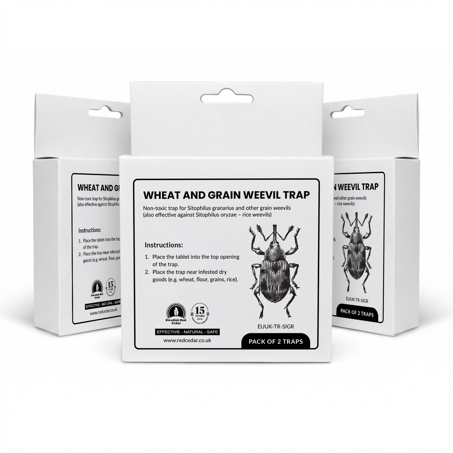 Three boxes of Swedish Red Cedar wheat and grain weevil Trap on a white background