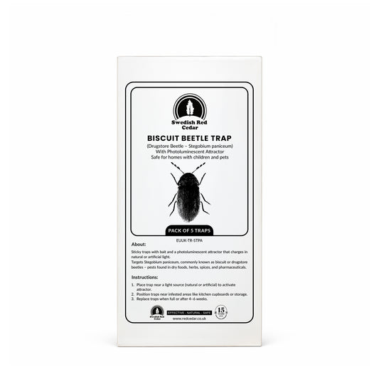 Packaging of Swedish Red Cedar Biscuit beetle Trap on a white background