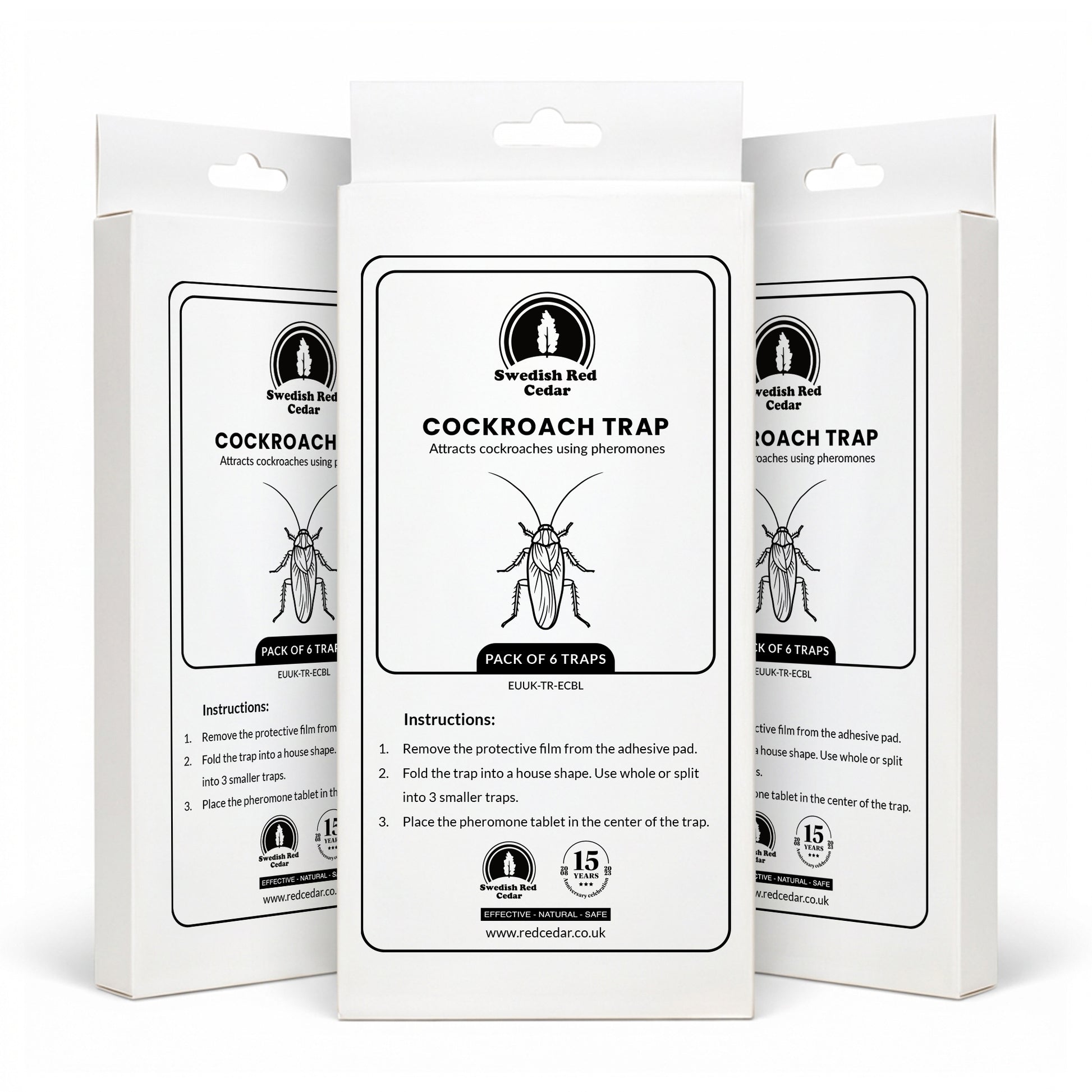 Three boxes of Swedish Red Cedar Cockroach Trap on a white background