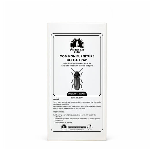 Packaging of Swedish Red Cedar Common Furniture Beetle Trap on a white background