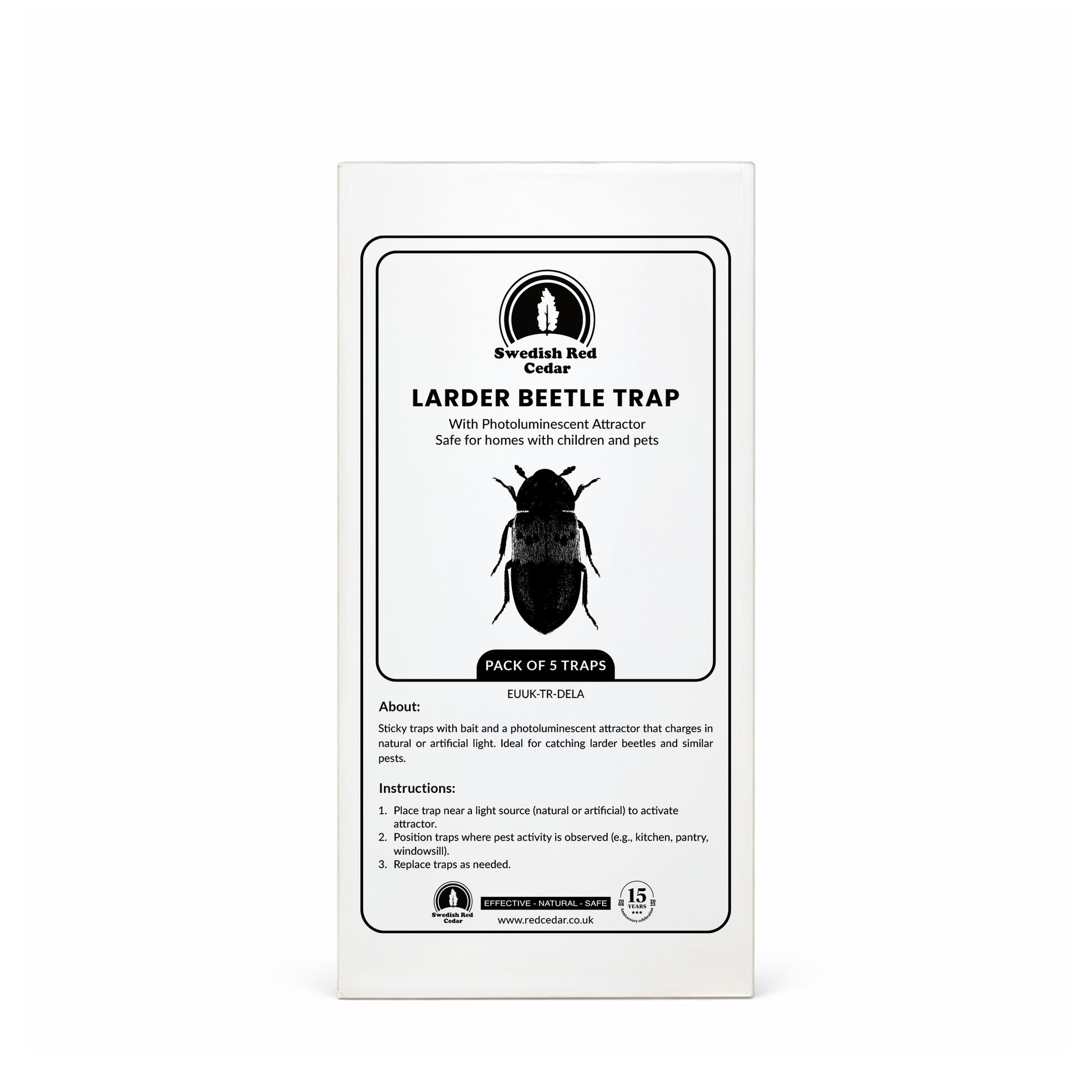 Packaging of Swedish Red Cedar Larder Beetle Trap on a white background