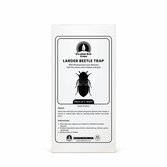 Packaging of Swedish Red Cedar Larder Beetle Trap on a white background