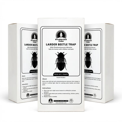 Three boxes of Swedish Red Cedar Larder Beetle Trap on a white background