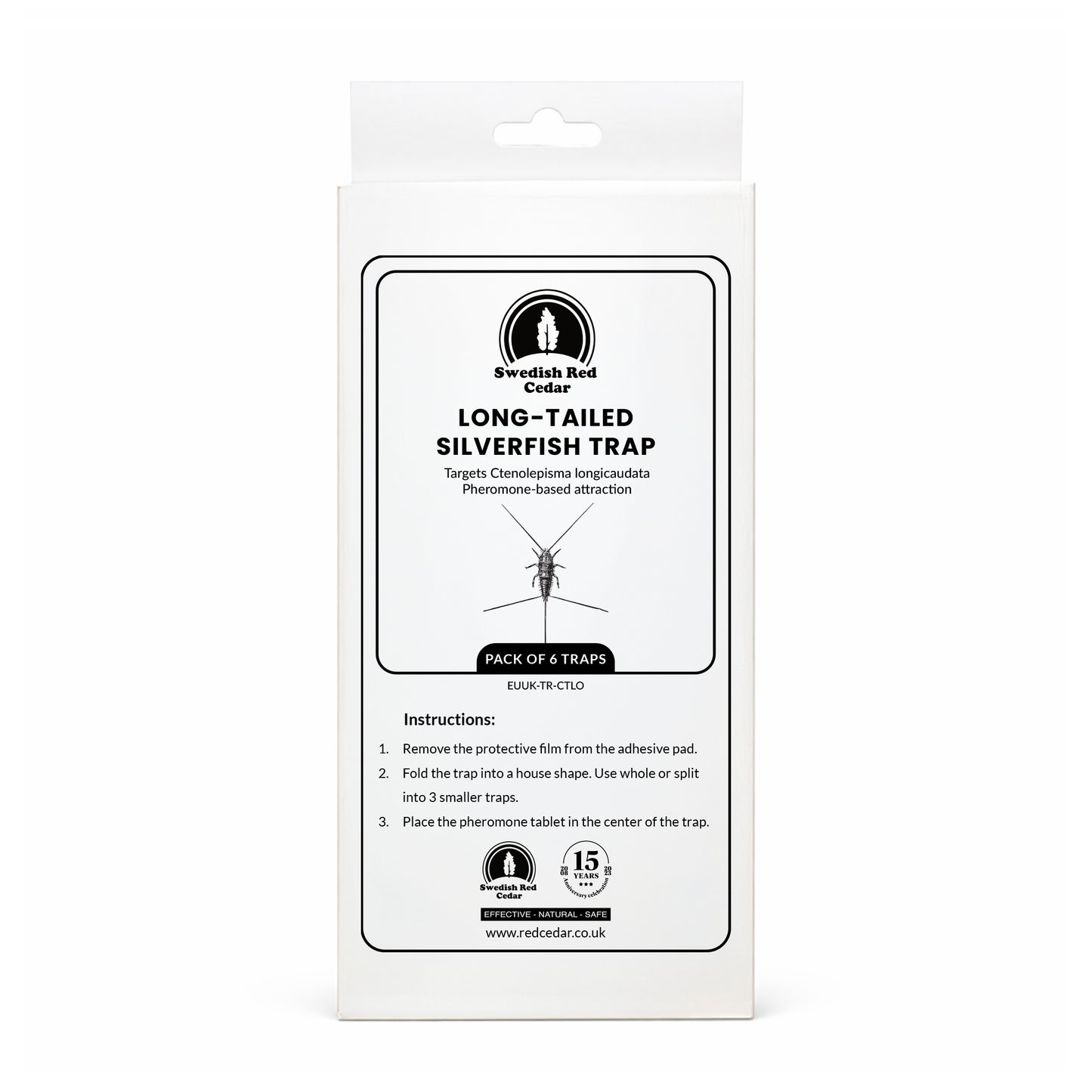 Packaging of Swedish Red Cedar Long-Tailed Silverfish Trap on a white background