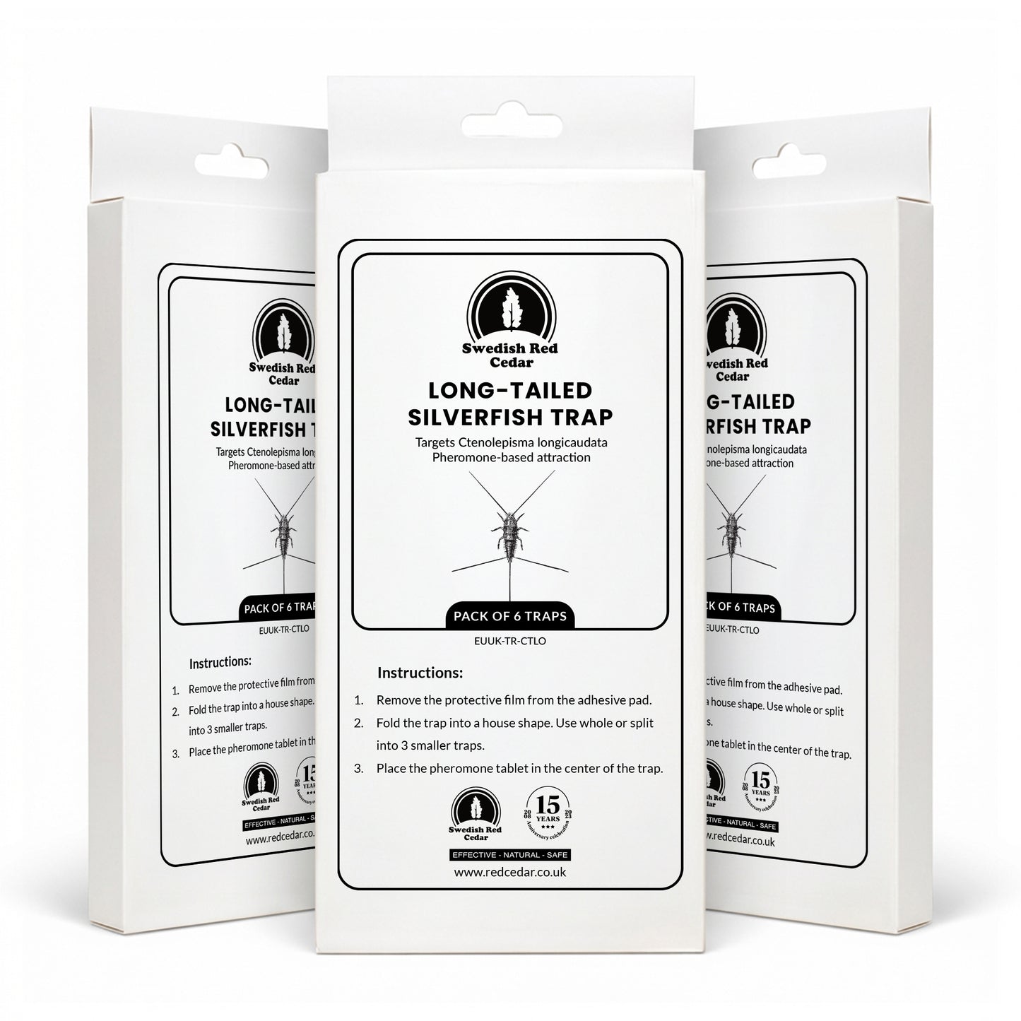 Three boxes of Swedish Red Cedar Long-Tailed Silverfish Trap on a white background