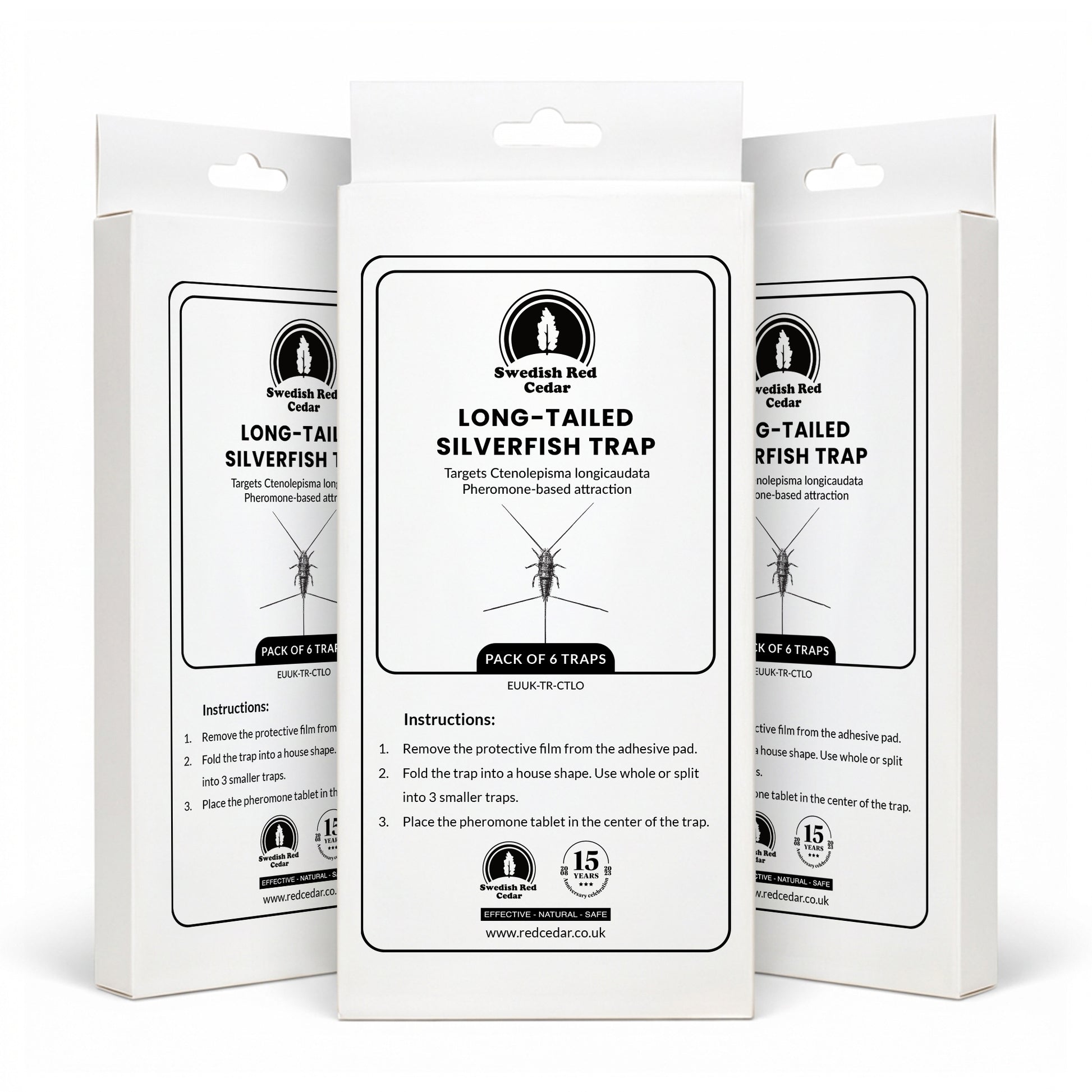 Three boxes of Swedish Red Cedar Long-Tailed Silverfish Trap on a white background