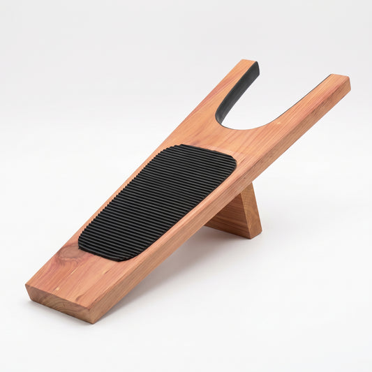 Premium cedarwood boot jack with black ribbed foot pad – front angle