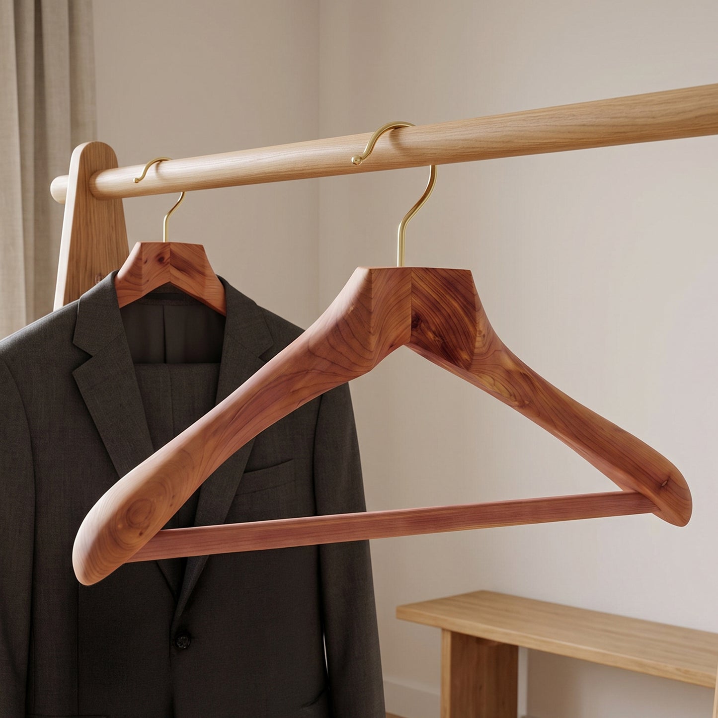 Swedish red cedar suit hanger holding a jacket in a modern wardrobe