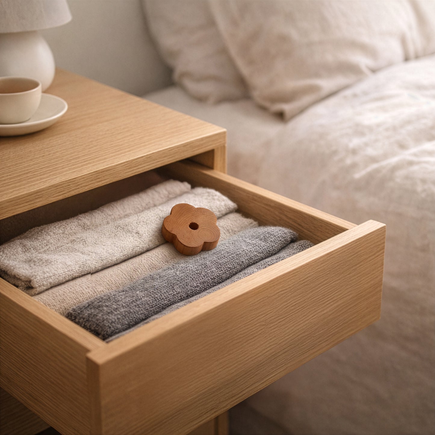 Thin cedarwood flower placed inside a drawer among folded textiles for moth protection
