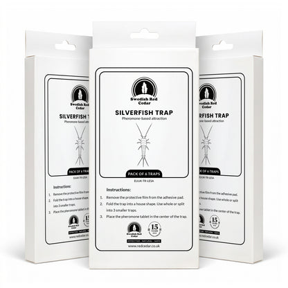 Three boxes of Swedish Red Cedar Silverfish Trap on a white background