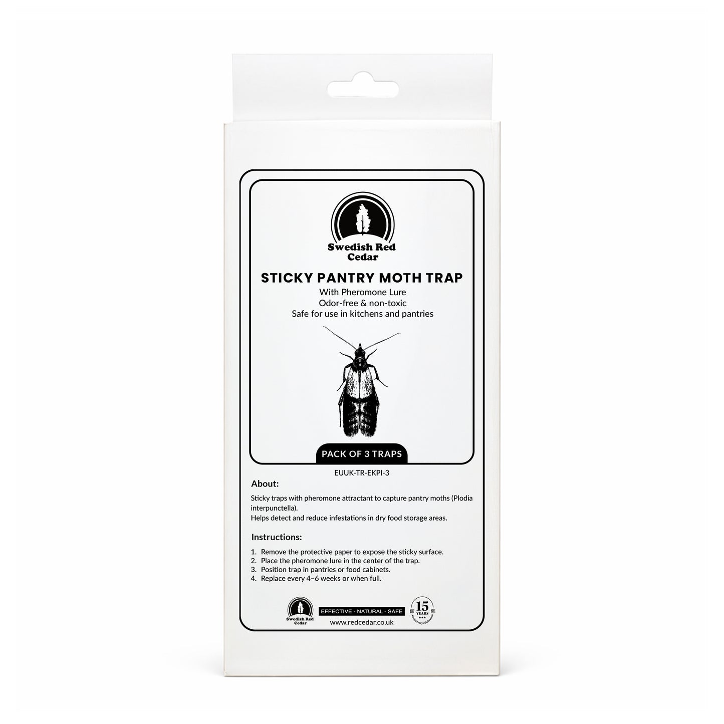 Packaging of Swedish Red Cedar Sticky Pantry Moth Trap with Pheromones on a white background