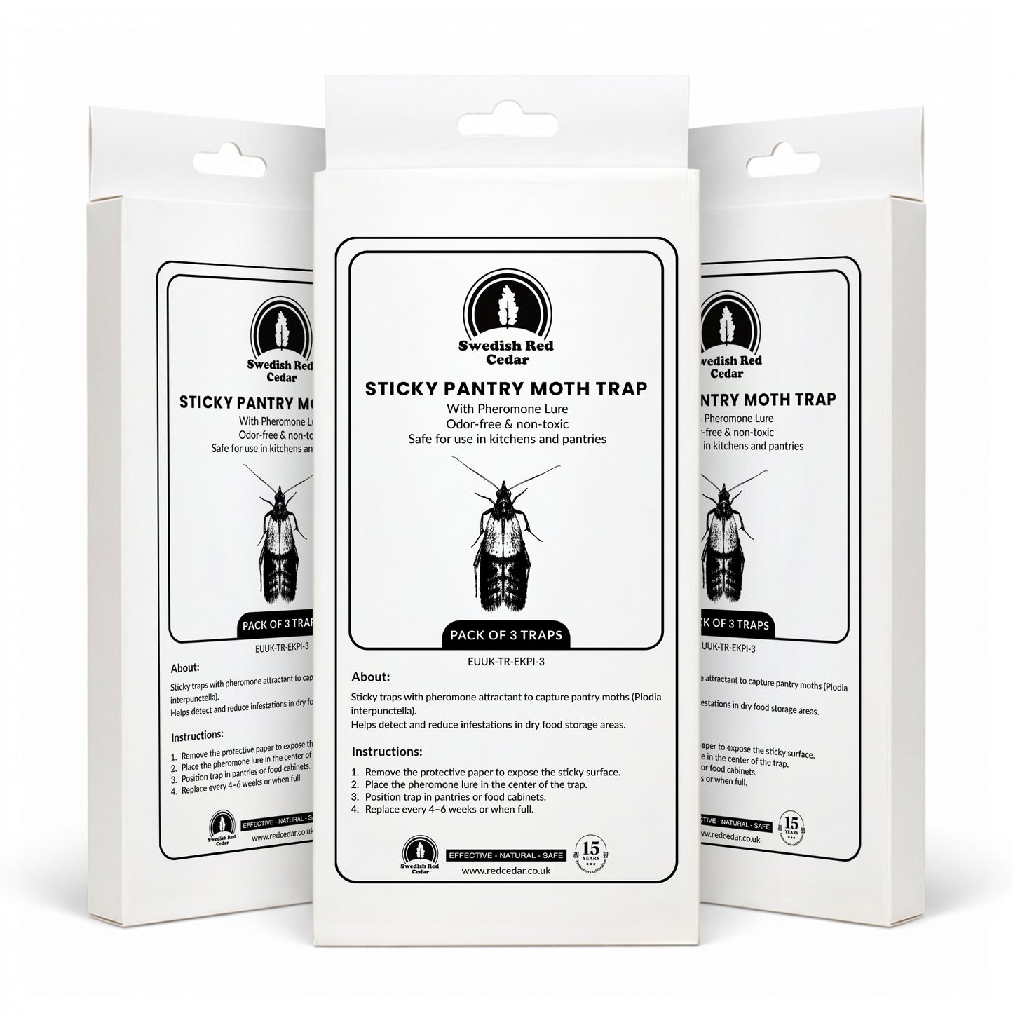 Three boxes of Swedish Red Cedar Sticky Pantry Moth Trap with Pheromones on a white background