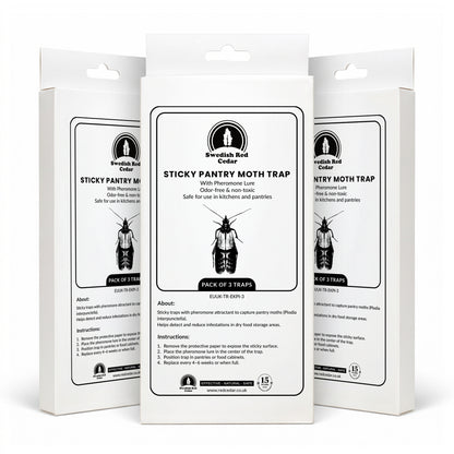 Three boxes of Swedish Red Cedar Sticky Pantry Moth Trap with Pheromones on a white background