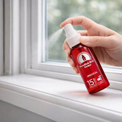 Applying Swedish red cedar oil spray along window sill for pest control
