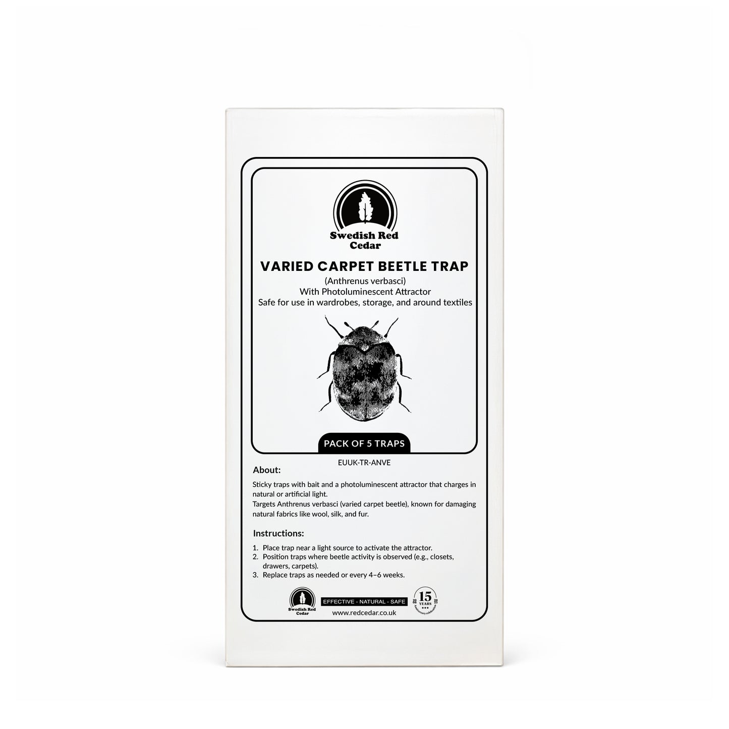 Packaging of Swedish Red Cedar Varied carpet beetle Trap on a white background