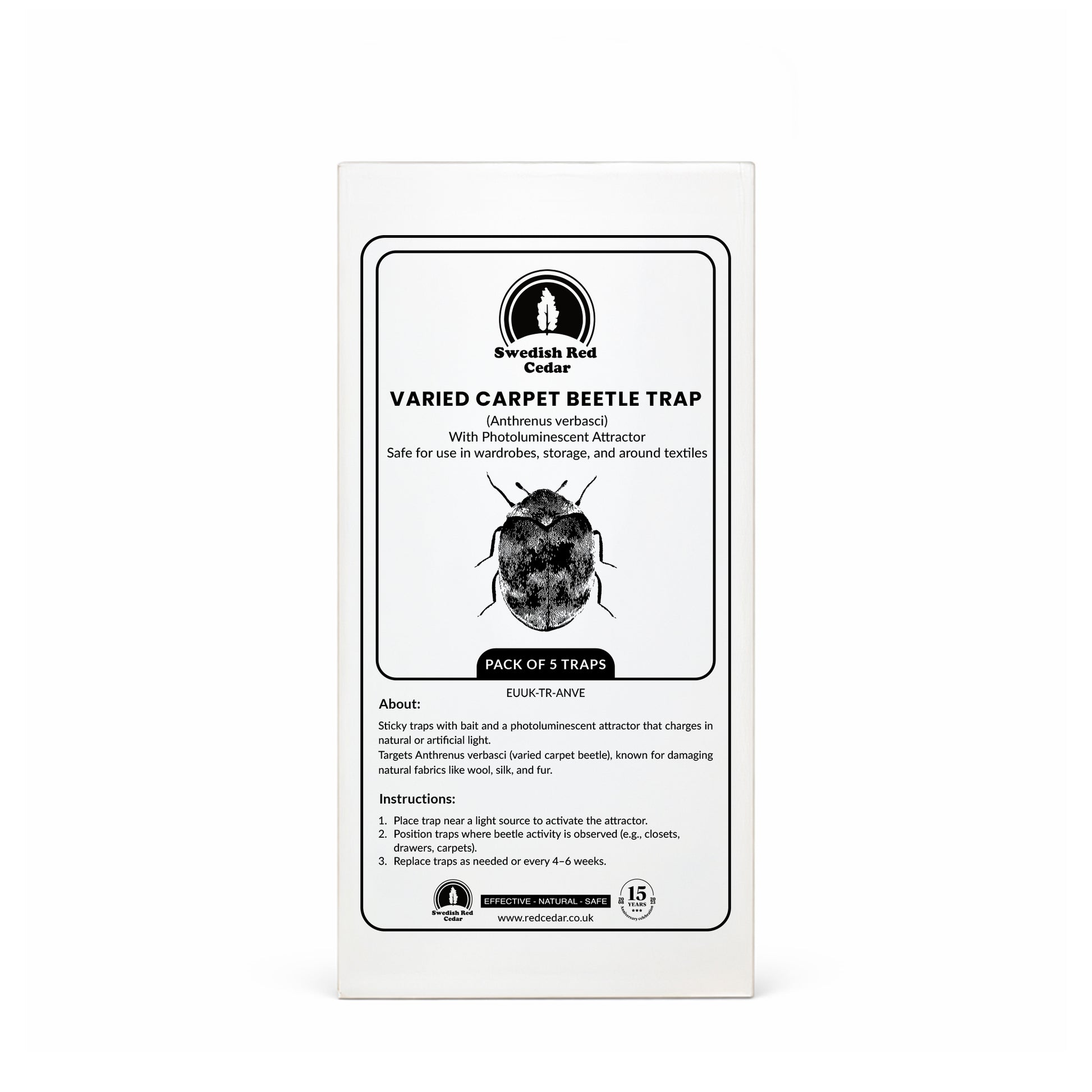 Packaging of Swedish Red Cedar Varied carpet beetle Trap on a white background
