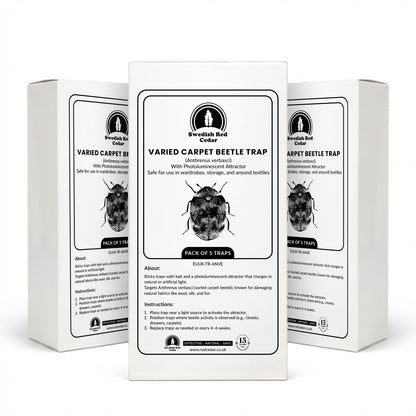 Three boxes of Swedish Red Cedar Three Varied Carpet Beetle Trap on a white background