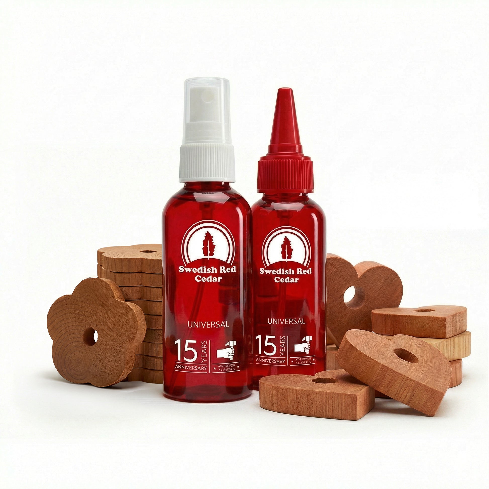 Wardrobe and drawer protection bundle with Swedish red cedar oil spray and drop bottles, cedarwood hearts, and thin cedarwood flowers
