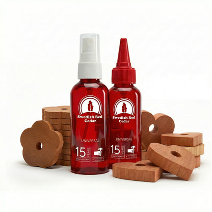 Wardrobe and drawer protection bundle with Swedish red cedar oil spray and drop bottles, cedarwood hearts, and thin cedarwood flowers
