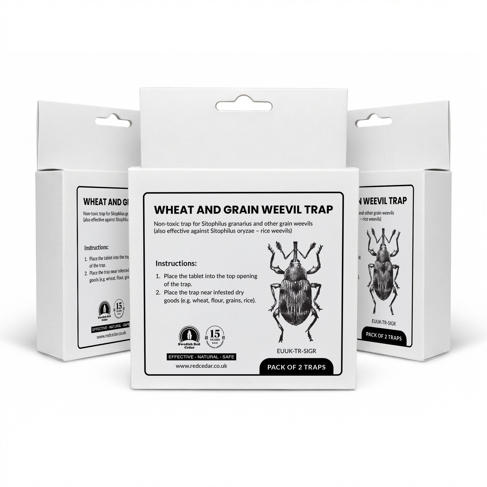 Three boxes of Swedish Red Cedar wheat and grain weevil Trap on a white background